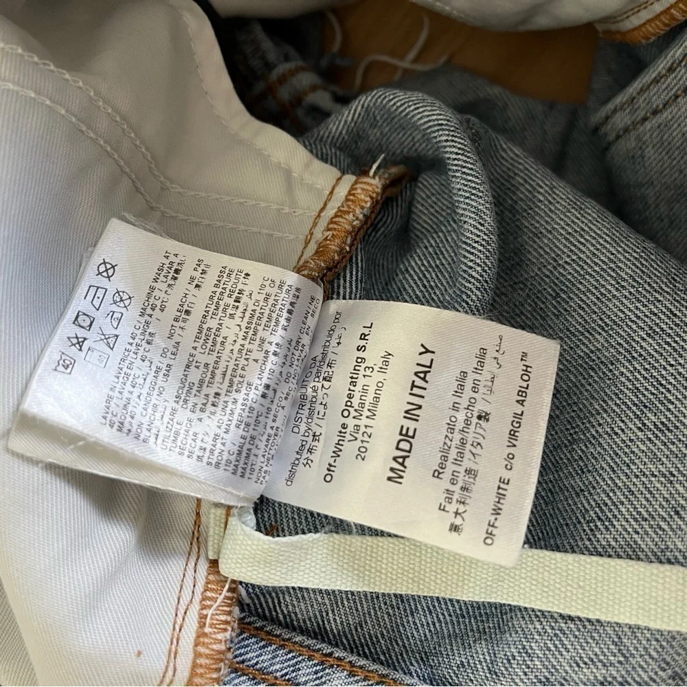OFF-WHITE Main Label Blue Denim Shorts sz 28 Rose Stripe Virgil Abloh